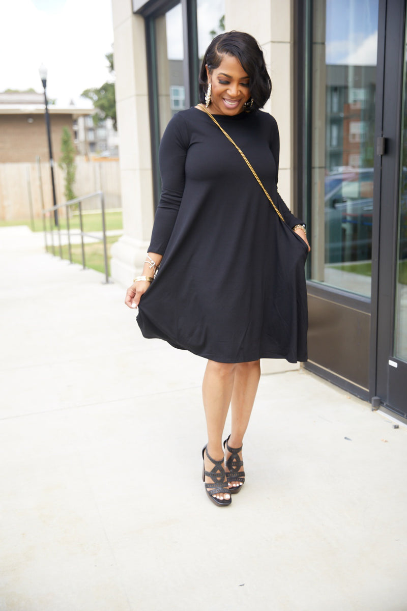 Black LS Flare Dress with Pockets – MiMi-Michelle Boutique