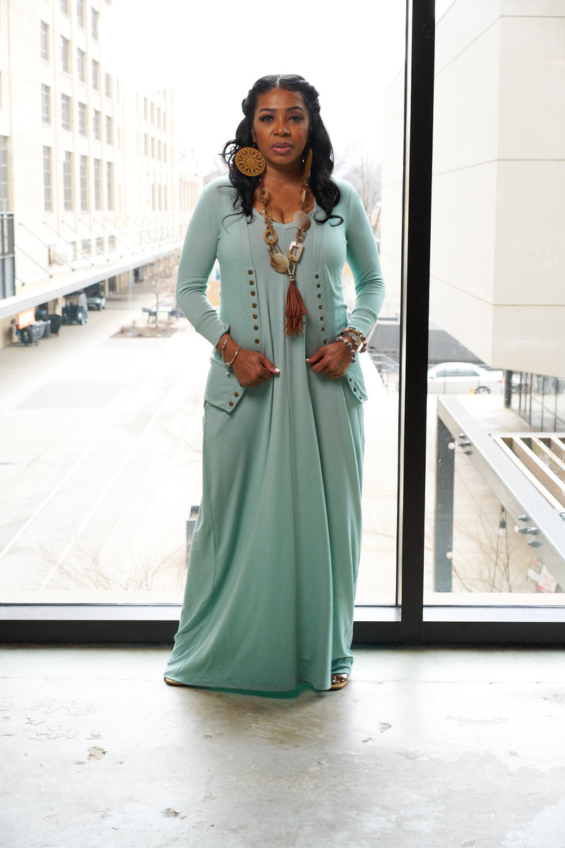Dusty Green Maxi Dress & Cardigan Set – MiMi-Michelle Boutique