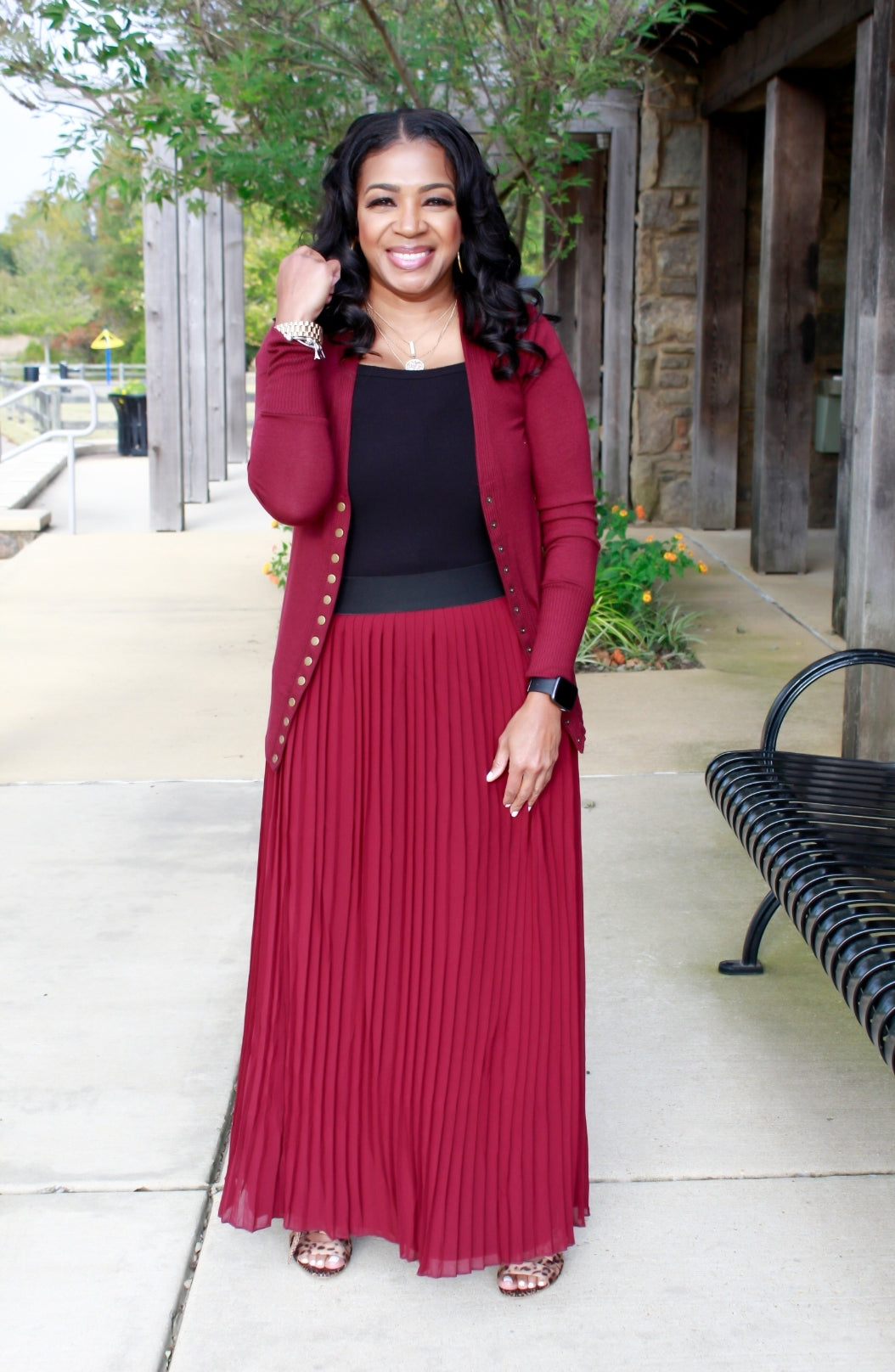 Cranberry Pleated Skirt and Cardigan Set