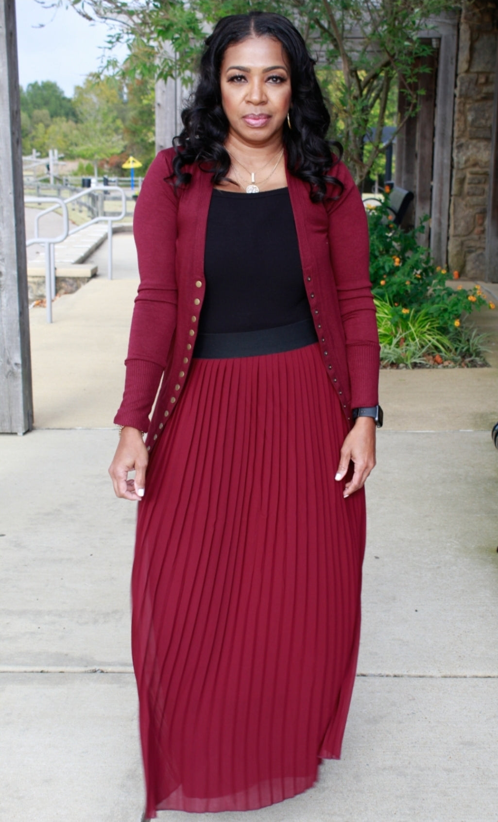 Cranberry Pleated Skirt and Cardigan Set