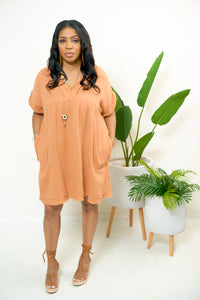 Butter Orange Gauze Short Sleeve V-Neck Dress