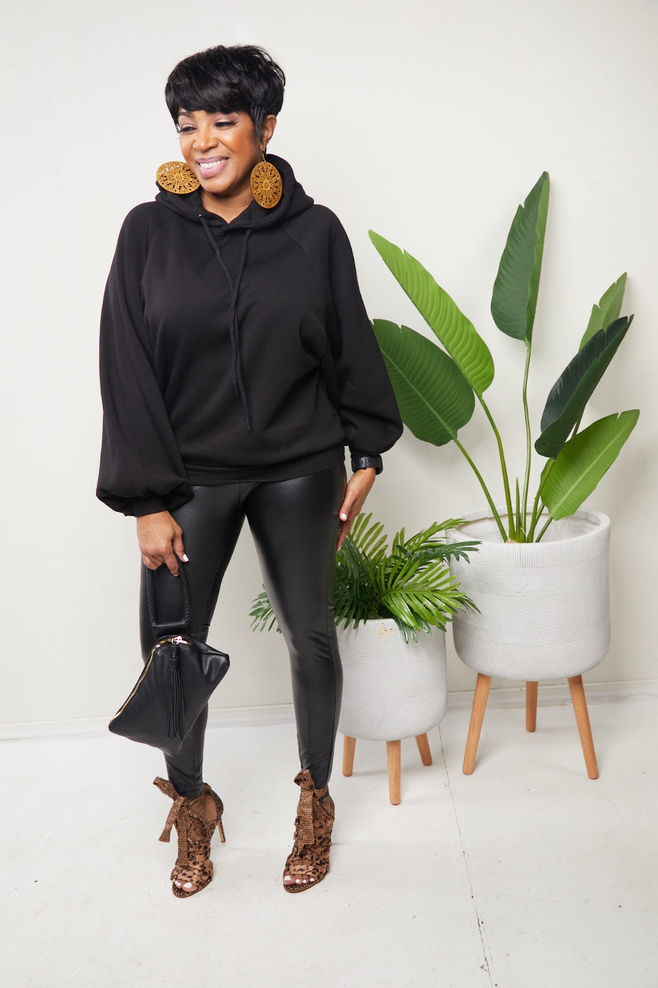Black Hoodie and Faux Leather Legging Set