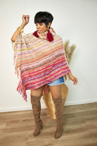 Red Multicolor Poncho Sweater